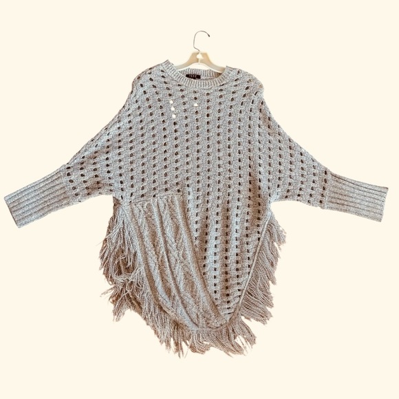 TCEC Sweaters - TCEC Gray Fringed Poncho Open Weave Pattern Sweater with Sleeves Size Large